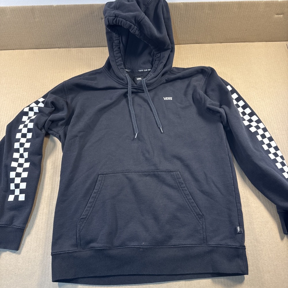 Vans Off The Wall Pullover Hoodie Men Large Black Checkered Sleeve Sweatshirt
